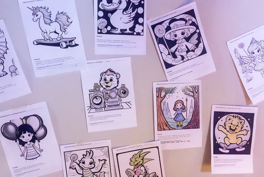 FS_Studiokleurplaat_4 Door AI ontworpen kleurplaten op basis van creatieve ideeën van verschillende kinderen.