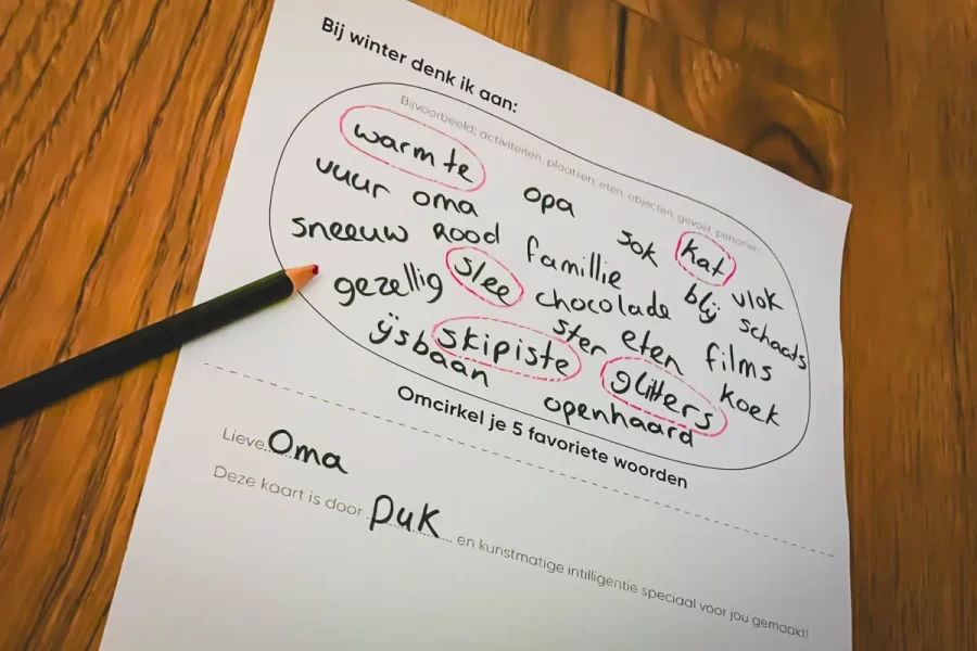 FS_WonderWoorden4 Brainstorm werkblad uniek gedicht en bijpassende afbeelding gemaakt door kind samenwerking en AI.