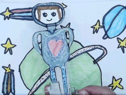 Een door kinderen zelfgebouwde mechanische automata die een figuur laat bewegen door techniek.