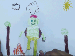 Een door kinderen zelfgebouwde mechanische automata die een figuur laat bewegen door techniek.