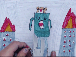 Een door kinderen zelfgebouwde mechanische automata die een figuur laat bewegen door techniek.